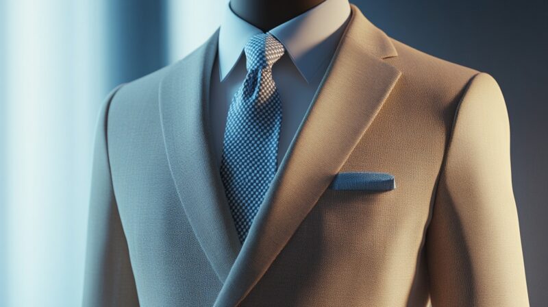 Close-up of a stylish men's suit with a patterned tie and pocket square, showcasing fabric texture and tailored design