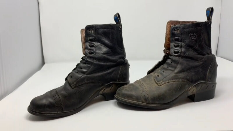 side-by-side image of two boots, one polished and shiny on the left and the other dull and worn on the right, showcasing the difference shoe polish can make