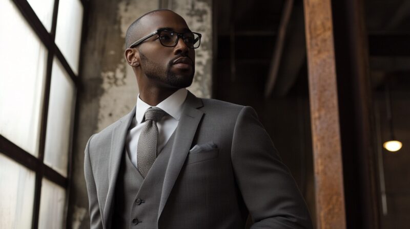 Well-dressed man in a gray suit with glasses, standing confidently in an industrial setting, representing the topic of buying used suits