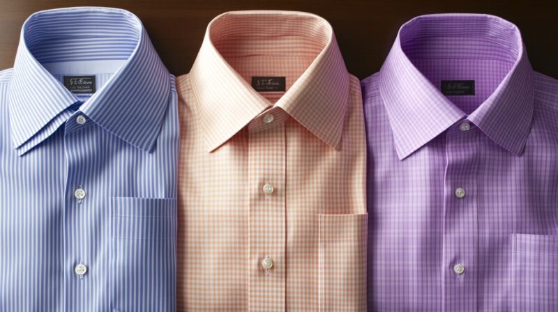 close-up view of three dress shirts from Jos. A. Bank in blue, peach, and purple checks, showcasing their elegant collars and buttons