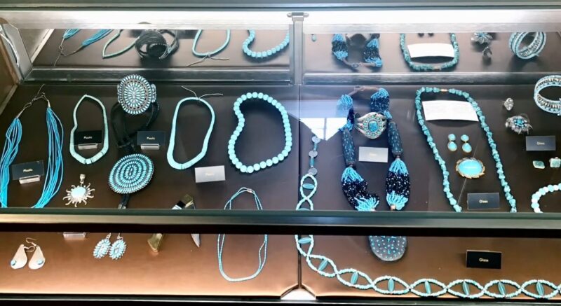 Turquoise jewelry in a museum exhibit