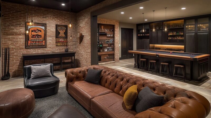 A mancave made of bricks with a billiard table, a bar, and seating areas