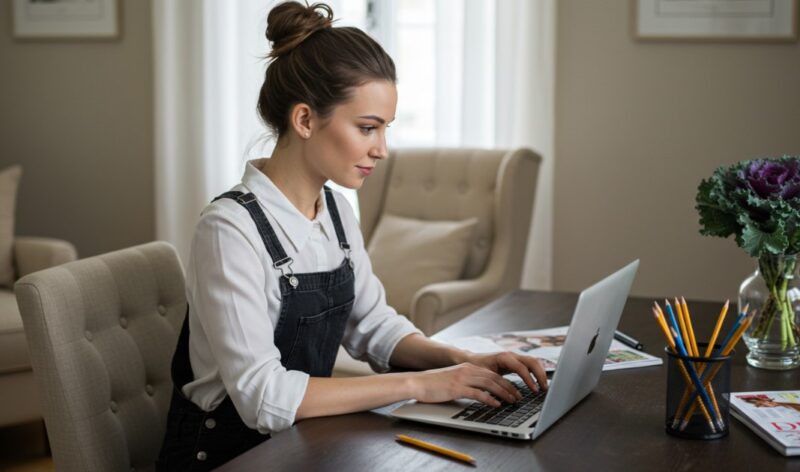 A young woman sits at a wooden desk, focused on her laptop