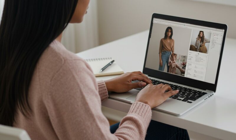 Woman typing on laptop keyboard about fashion