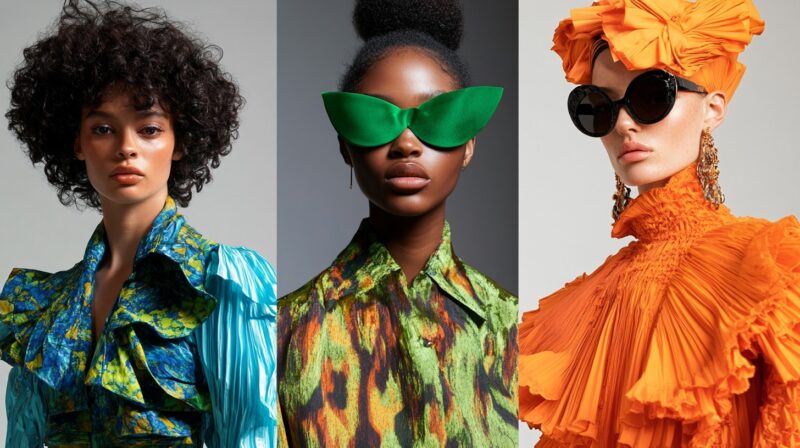 Three models showcasing vibrant fashion trends: a curly-haired woman in blue-green ruffles, a model with green leaf-shaped sunglasses, and a model in an orange pleated outfit with dramatic accessories