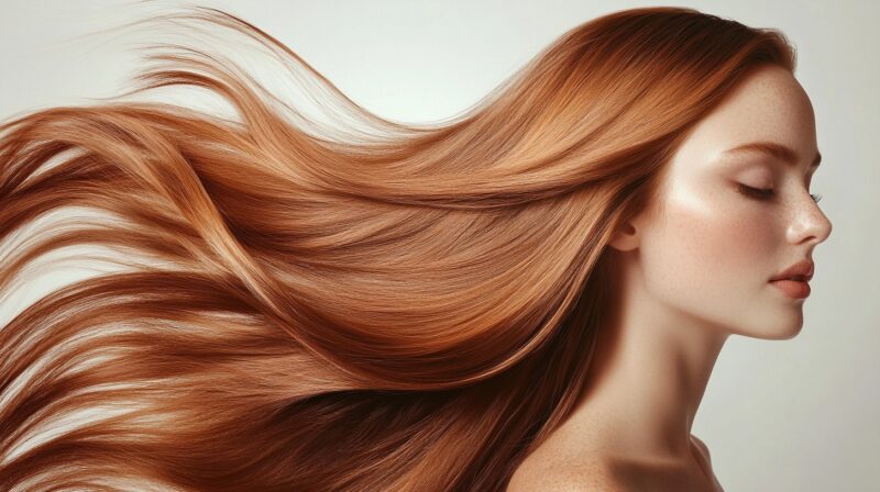 A side profile of a woman with radiant, flowing auburn hair against a neutral background