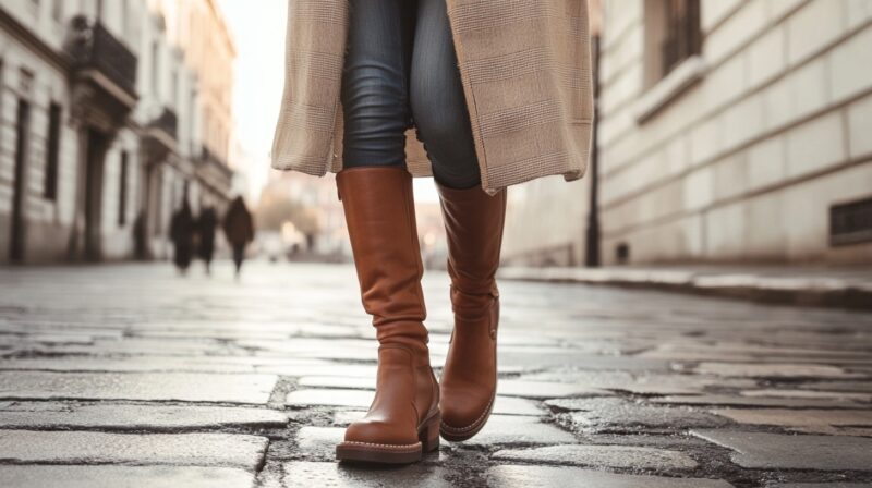 Close-up of a person walking in stylish brown leather boots on a cobblestone street