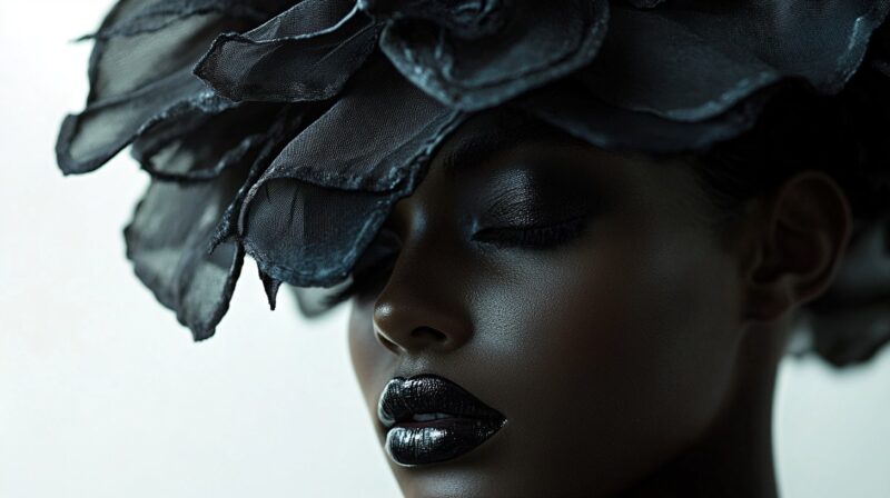 Close-up of a woman with metallic black lipstick, wearing a textured black floral hat, exuding elegance and sophistication