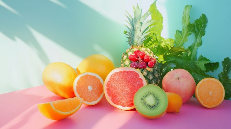 A colorful assortment of fruits including oranges, grapefruit, kiwi, pineapple, and leafy greens on a pastel background