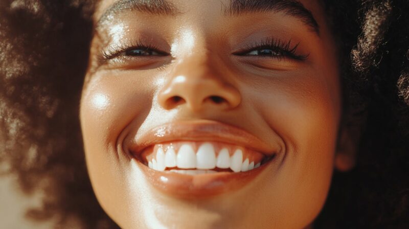 Close-up of a woman's glowing smile, showcasing bright teeth and healthy skin in natural sunlight