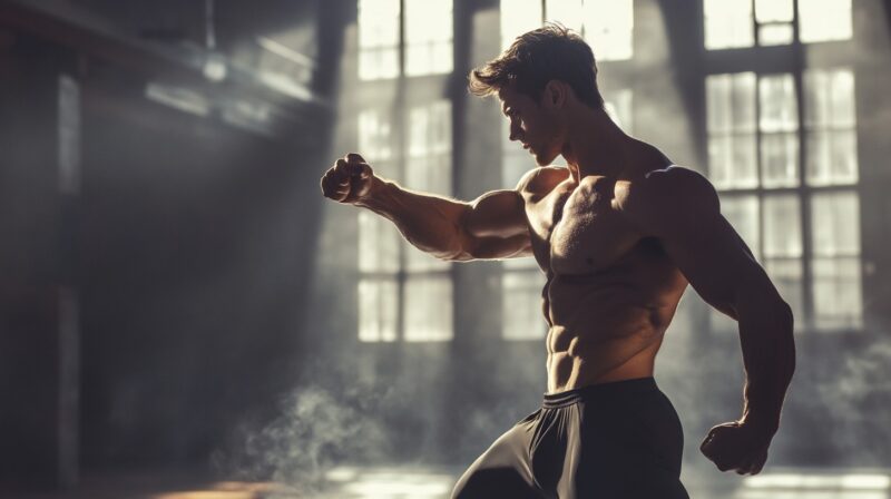 A muscular man practicing martial arts in a sunlit gym, showcasing strength and determination