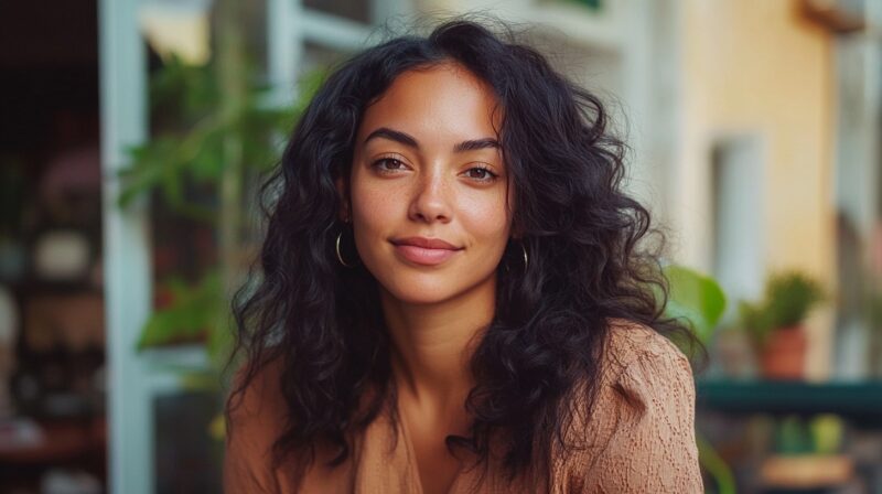 A woman with curly hair and a radiant smile, sitting outdoors with a natural and serene background