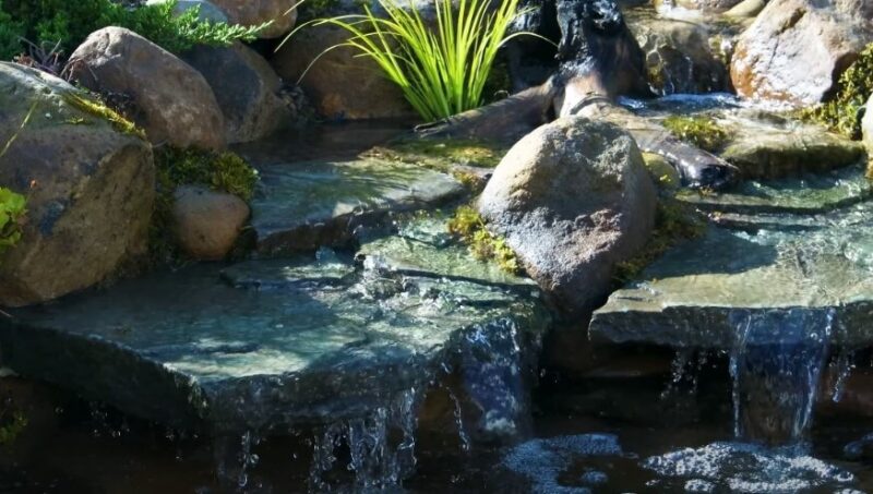 A gentle waterfall tumbles over natural stone steps