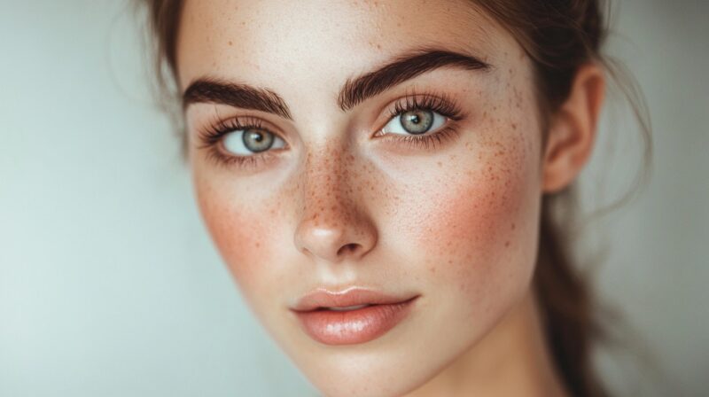 Close-up portrait of a woman with clear skin, freckles, and striking blue eyes, showcasing natural beauty