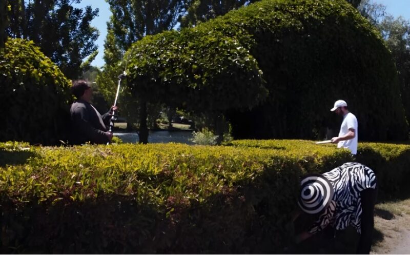 Landscapers meticulously trim hedges along a tranquil waterway