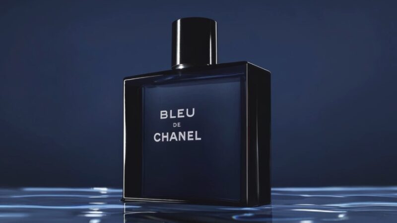 A sophisticated, dark-blue fragrance bottle, showcasing the Chanel Bleu de Chanel