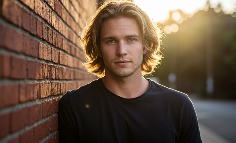 A man with long hair, leaning against a brick wall
