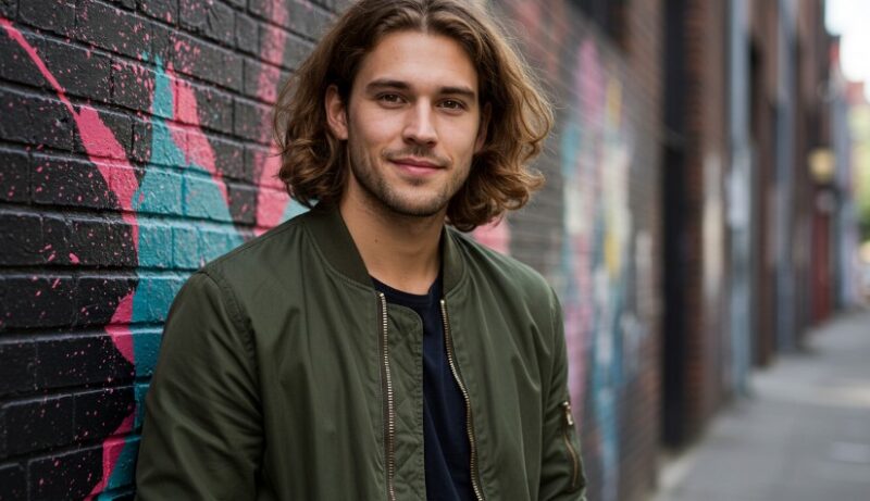 A young man with a long hair, confidently posed against a vibrant street mural
