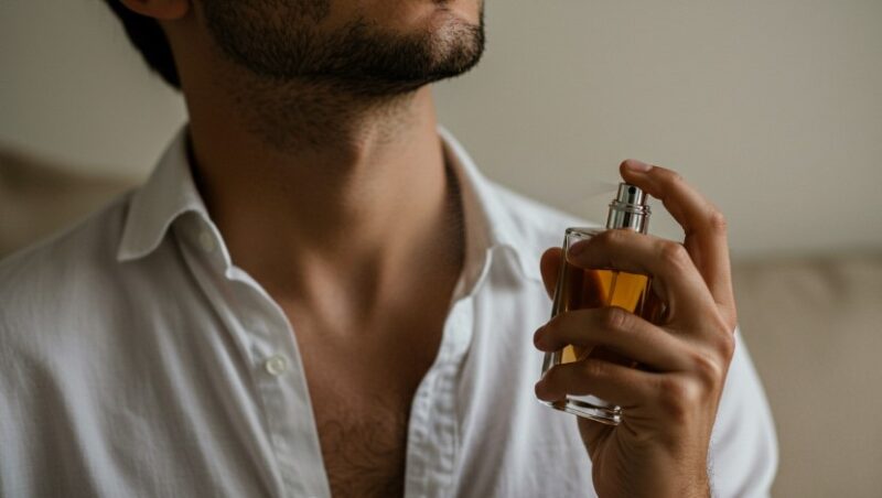 A man spritzes cologne, preparing for the day ahead