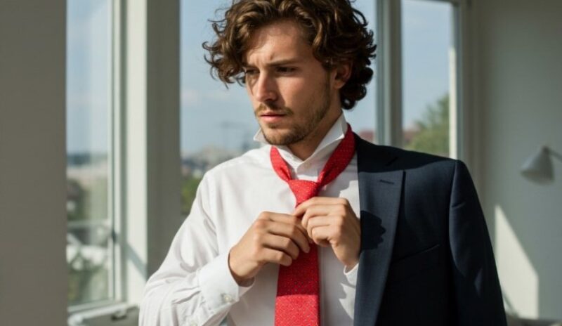 A man ties his tie, preparing for a day of professional engagement