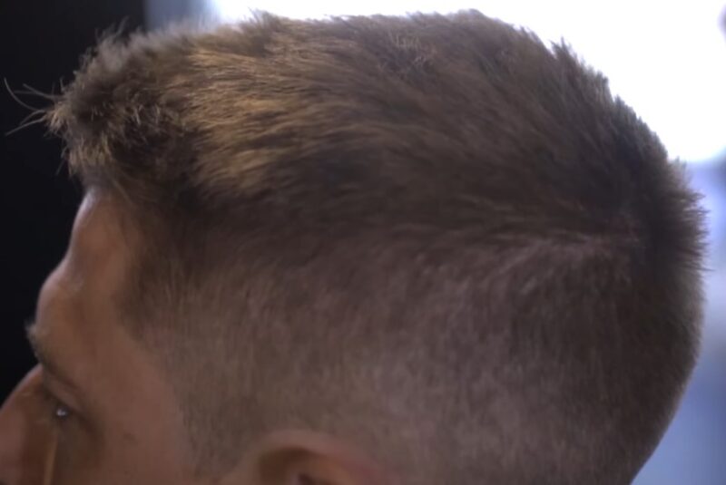 Close-up view of a modern, short haircut