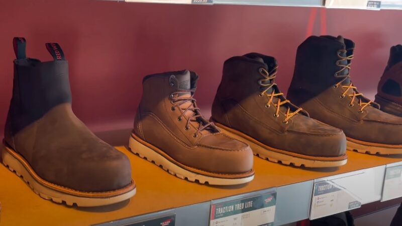 Durable work boots displayed on a store shelf