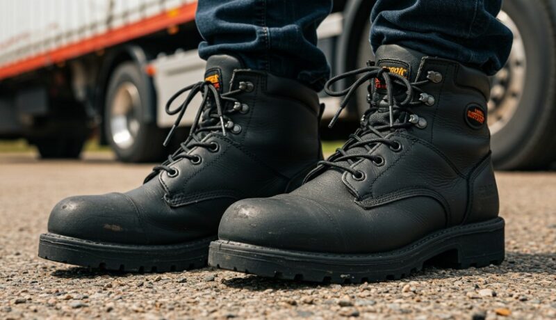 A person in black boots stands in front of a truck
