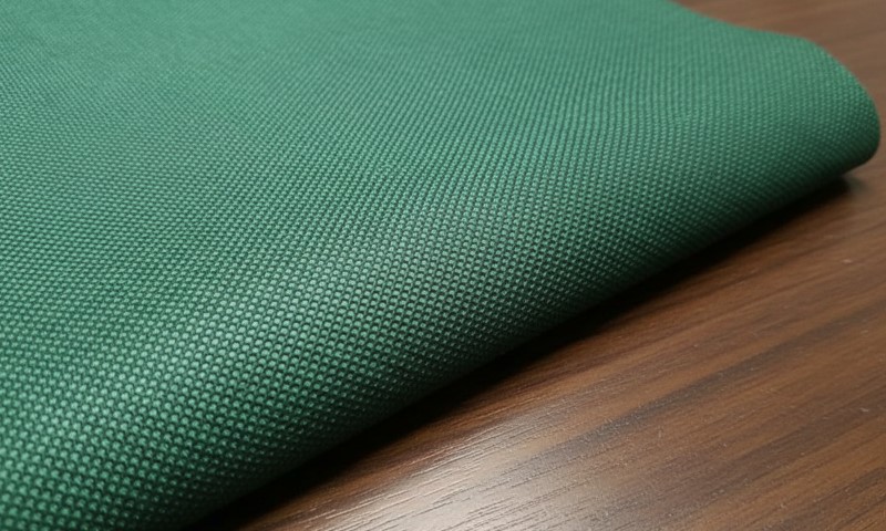 Green textured fabric folded on a wooden surface