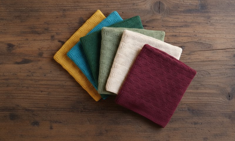 A stack of six colorful knitted cloths on a rustic wooden surface
