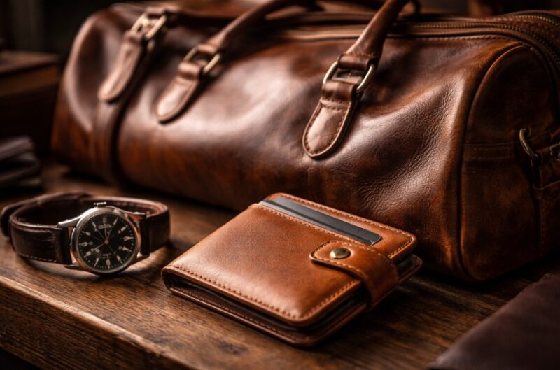 High-quality leather accessories aging gracefully, showing natural patina and craftsmanship