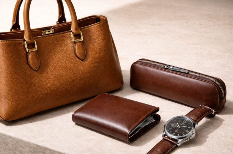 Leather handbag with structured handles, slim leather wallet holding contents without bulging, and wristwatch with proportionate strap and case