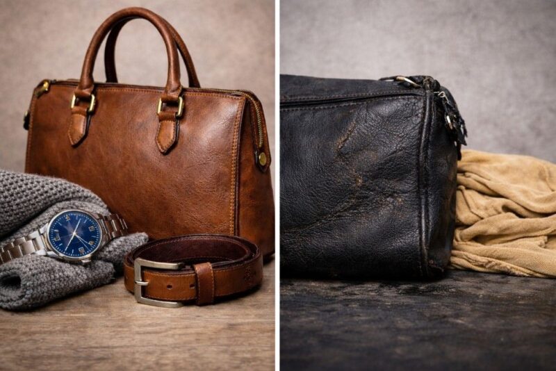Comparison of well-maintained brown leather bag and slightly worn black leather bag showing how material stability affects long-term appearance