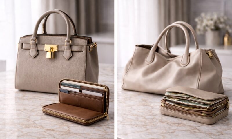 Structured vs slouchy handbag with an organized wallet and an overstuffed wallet – comparison of accessory construction and shape retention