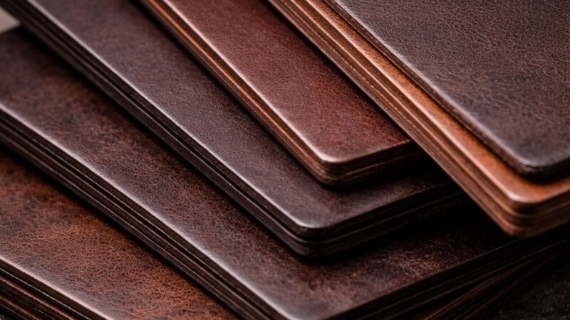 Stacked leather panels showing uniform dye penetration and consistent color tone across material surfaces