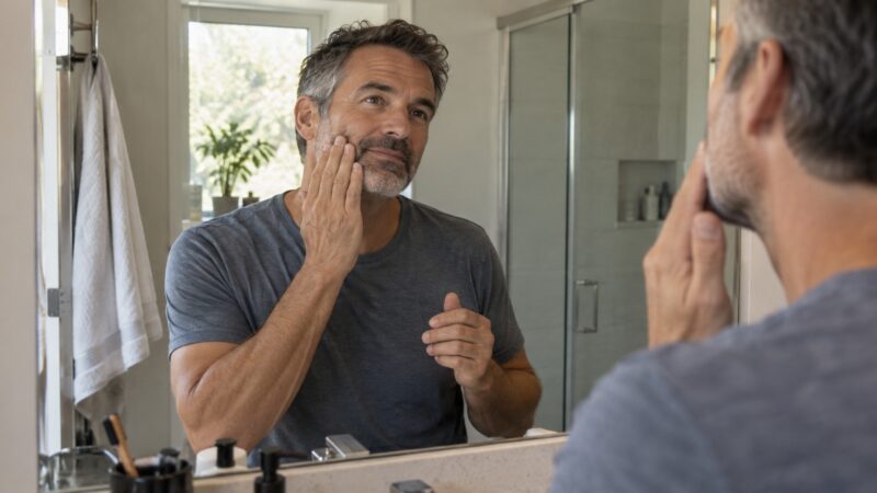 Middle-aged man checking his skin and beard in a bathroom mirror.
