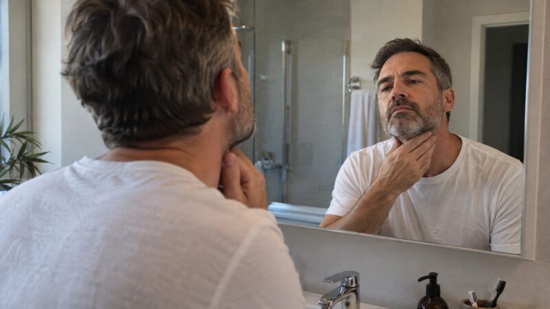 Man over 40 examining his gray beard and neckline in a bathroom mirror.