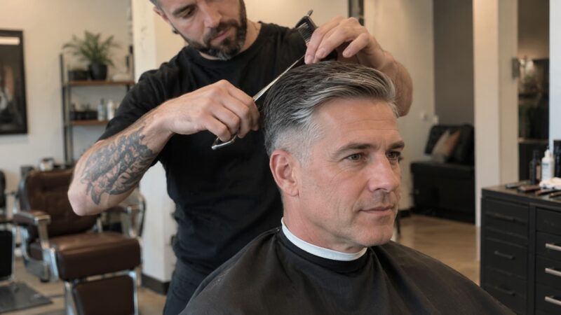 Barber trimming the gray hair of a man over 40 in a modern barbershop.