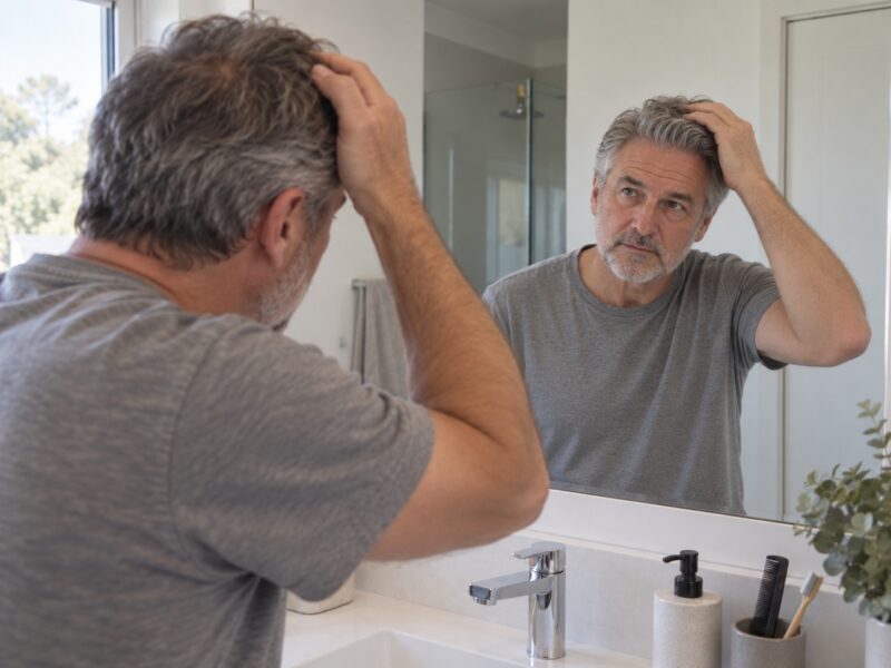 Older man with gray hair checking his hairstyle in a bathroom mirror.